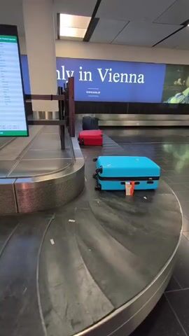 The video shows a baggage carousel at an airport. There are several pieces of luggage on the carousel. In the foreground, there is a bright blue suitcase with orange and white tags. Further back, there is a red suitcase, and behind that, two dark colored suitcases. A large digital screen displaying flight information is visible on the left. A large blue advertisement featuring the text "Only in Vienna" is displayed on the wall in the background. The baggage carousel is moving, and the suitcases are slowly rotating around it. The flooring is dark tile. The lighting appears to be artificial, from overhead fixtures.