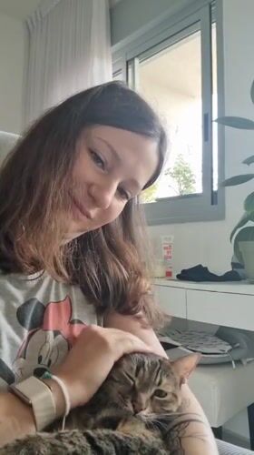 Woman pets tabby cat in morning moment in Ramat Gan