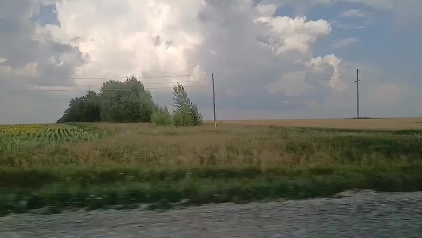 The video captures a landscape view from a moving vehicle. The scene consists of a dirt road, a field of dry grass or crops, a clump of trees, and a wide expanse of sky with dramatic clouds. Power lines supported by tall poles are visible across the field. The road in the foreground appears muddy and uneven with puddles. The overall environment suggests a rural, possibly agricultural setting.