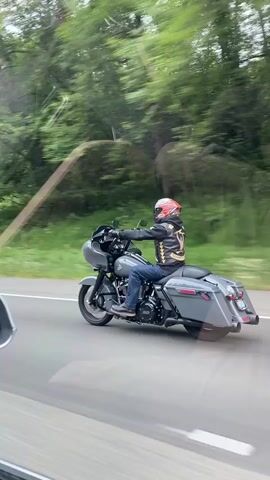 A person wearing a helmet and a leather jacket rides a gray motorcycle on a road. The motorcycle has saddlebags. The background is a blur of green trees and foliage, indicating motion. The video appears to be taken from a moving vehicle.