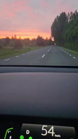 This is a first-person view from inside a vehicle, likely a car, driving on a paved road during sunset. The sky is filled with a vibrant pink and orange sunset, with scattered clouds. The road ahead is empty, with white dashed lines marking the lanes. To the left of the road, there are trees and brush. To the right, a dense line of trees forms a forest. The interior of the car is visible in the foreground, including a dark dashboard and a display screen that shows "54" and some green icons, suggesting a speed or battery indicator. The time of day is clearly sunset, and the weather appears clear. The location is identified as Lemmaru, Estonia. The overall mood is serene and peaceful, evoking a sense of journey and natural beauty. There are no people visible in the frame.