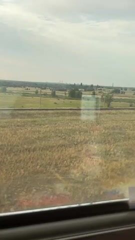 The video shows a view from a train window overlooking a rural landscape. The foreground consists of a window frame with a slight reflection of what appears to be a colorful sticker or graffiti. The main view is of a field with dry grass and scattered trees. In the mid-ground, a railway track runs horizontally across the frame. Beyond the track, there is more green farmland with trees and some distant buildings or industrial structures under a cloudy sky. The video appears to be a still shot, as there is no visible movement.