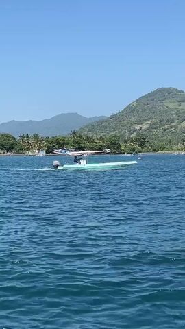 A boat navigates across water on a sunny day. The boat is light green and white, with a canopy. It's moving from left to right in the frame, leaving a wake behind it. A person is visible at the helm, steering. The water is a deep blue with small waves. In the background, there is a coastline with lush green hills and vegetation, including palm trees. There are other boats anchored along the shore. The sky is clear and blue. The overall scene conveys a sense of tranquility and a leisurely boat ride in a tropical setting.