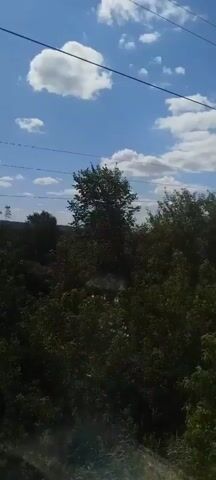 The video is a point-of-view shot from a moving vehicle, likely a train or car, looking out a window. The scene is dominated by lush green trees and foliage. The sky is a vibrant blue with scattered white clouds. Power lines are visible running across the top of the frame. In the distance, glimpses of houses, a fence, and rolling hills can be seen. The sun appears to be shining, casting light and shadows. The overall impression is that of a scenic rural landscape.