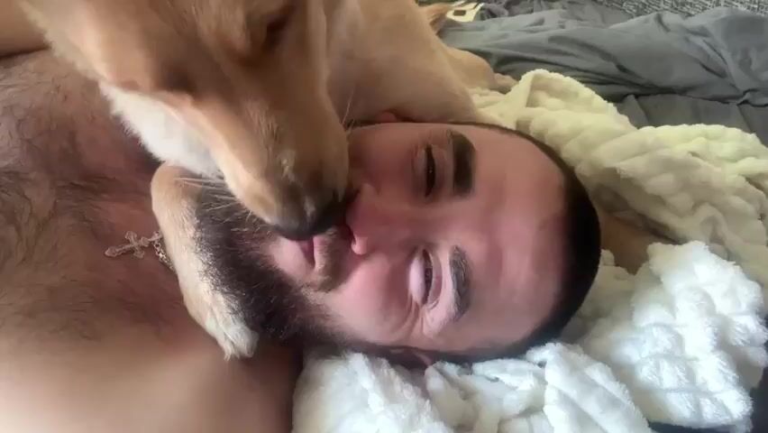 A man with a beard is lying on his back in bed, with a dog, possibly a golden retriever, licking his face. The man's eyes are closed, and his face is contorted as if reacting to the dog's licks. The dog's snout and paw are visible, touching the man's face. The background consists of a gray blanket and white bedding.