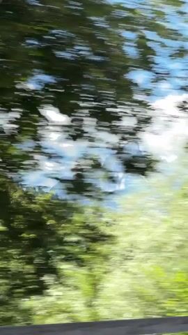 This media file appears to be a video captured from a moving vehicle, likely a car, traveling through a scenic landscape. The primary subjects are the natural environment: lush green trees, a bright blue sky with scattered white clouds, and in the distance, a majestic, rocky mountain peak. The motion blur suggests a relatively high speed of travel.

The scene depicts a daytime setting, indicated by the bright sunlight and clear sky. The weather appears to be fair and pleasant, conducive to outdoor activities. The presence of a mountain range strongly suggests a mountainous or alpine region. Given the location context of Berchtesgaden, Germany, it's highly probable that the video is showcasing the picturesque Bavarian Alps.

The activity is a journey through this scenic area. The constant movement and the changing perspective of the landscape are characteristic of travel. There are no visible people or distinct objects that can be identified with certainty due to the motion blur and framing, other than what appears to be the roof and possibly the windshield of the vehicle in the lower portion of some frames.

The overall mood conveyed is one of travel and appreciation for natural beauty. The vibrant greens and the grand mountain vista evoke a sense of awe and perhaps a feeling of freedom associated with a road trip. No visible text is present in the media file.