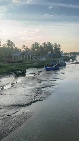 A vertical video shows a wide river with boats docked on the left bank. The river surface reflects the sky, which is partly cloudy with streaks of pink and orange from the sunrise. The left bank is muddy and uneven, with several small fishing boats, some partially submerged. In the background, there are palm trees, a few simple buildings with thatched roofs, and a small lighthouse-like structure. More boats are visible further up the river, along the right bank, where a settlement with more buildings and trees lines the shore. The overall atmosphere is serene and peaceful, capturing a coastal village at dawn.