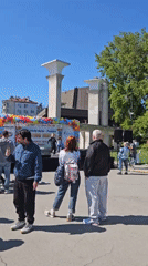 Street festival with balloon-decorated stage held in Varna, Bulgaria
