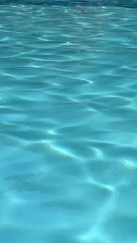 The video shows rippling turquoise water, likely in a swimming pool. Debris, possibly leaves or small pieces of vegetation, floats on the surface. The sunlight creates shimmering patterns on the water, highlighting its movement. The view is from a slightly elevated perspective looking across the water.