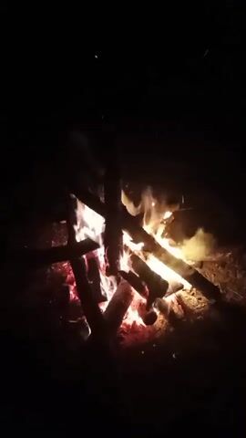 A crackling campfire burns in the darkness. Logs are arranged in a teepee-like structure, with flames leaping upwards. Embers glow red beneath the burning wood. Sparks intermittently fly from the fire into the dark, unspecified environment. The scene is illuminated solely by the fire's light.