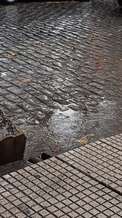 Rain creates puddles on Buenos Aires cobblestone street