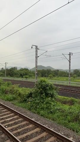 This is a short video taken from a moving train, showing a rural landscape with lush green vegetation and rolling hills in the background. The sky is overcast, suggesting it may be a cloudy or rainy day. Train tracks are visible in the foreground, and overhead power lines run parallel to the tracks, supported by a tall utility pole. The camera pans slightly, offering a view of the surrounding trees, bushes, and fields. No people are visible in the video.