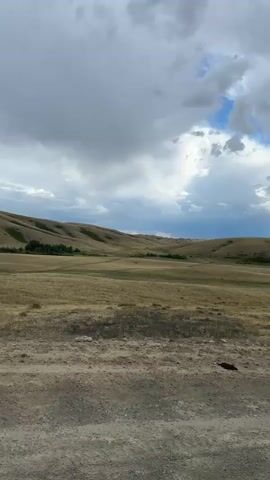 The media file shows a vast, open landscape under a dramatic, cloudy sky. The foreground is a dirt road, leading the viewer's eye towards rolling hills covered in dry, golden grass. In the middle ground, a herd of dark-colored animals, likely horses or cattle, grazes in the expansive field. The hills in the background are gently sloped and covered in the same parched vegetation. The sky is filled with a mix of dark, heavy clouds and patches of bright blue, suggesting a dynamic weather system, possibly with a storm approaching or just passed. The overall impression is one of rugged, natural beauty and a sense of solitude. There is no visible text in the media file. The time of day appears to be late afternoon or early evening, given the quality of light and the shadows cast by the clouds. The setting is consistent with a rural or semi-arid region, possibly used for grazing livestock. The emotional tone evoked is one of peace and awe at the grandeur of nature. The location is identified as Bakty, Kazakhstan.