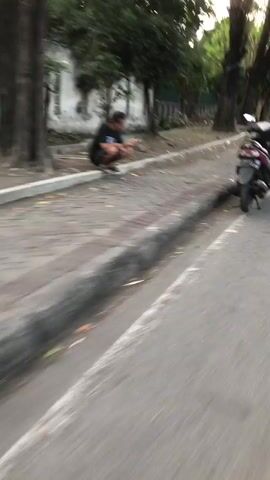 The video begins with a blurred shot of a street and sidewalk. A person is seen crouching on the sidewalk near a tree and a curb. They appear to be holding something in their hands. The background shows a wall and more trees. The scene is outdoors, and the lighting suggests it is daytime. The video is short and the motion blur makes it difficult to discern finer details about the person or their surroundings.
