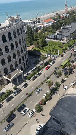 Aerial view captured of Batumi beachfront and marina area