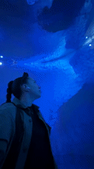 Woman views digital art display with flowing blue shapes