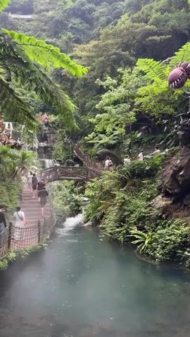 A group of people walk up a stone staircase beside a flowing stream. The staircase is lined with a rope fence and lush green foliage. In the background, a wooden bridge crosses the stream, and a waterfall cascades down rocks. Several dinosaur statues are visible amongst the greenery, with one appearing to be a long-necked dinosaur on the right side of the frame. The environment is dense with trees and ferns, suggesting a naturalistic or park-like setting.