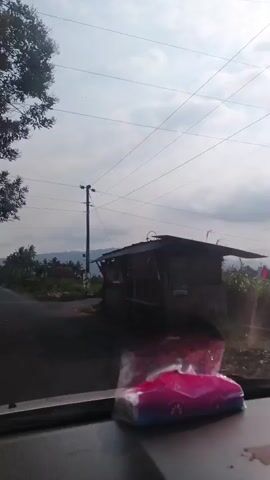 The video shows a view from inside a car looking out at a rural road. The road curves to the left and disappears into the distance. On the right side of the road, there is a small building with a corrugated metal roof. In the foreground, on the dashboard of the car, there is a pink tissue box with a floral pattern. The sky is overcast and there are a few trees visible. There is also a utility pole with wires running across the frame. The overall impression is one of a quiet, somewhat desolate landscape.