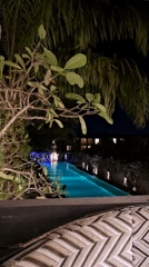 Illuminated pool and tropical surroundings at night in Ubud