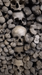 Close-up look at a dense wall of stacked skulls and bones