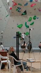 Indoor rock climbing session observed with multiple climbers