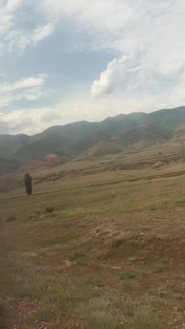 The video shows a wide shot of a hilly, semi-arid landscape. In the foreground, dry grass and some scattered rocks are visible. In the mid-ground, there is a sparse field with a single, tall, slender tree. Further back, the landscape rises into rolling hills covered in muted green and brown vegetation. Reddish soil is visible on one of the hills. A power line pole with wires is present on the left side of the frame, and a large, lattice-style transmission tower is also visible in the distance. The sky is partly cloudy with bright white clouds against a pale blue background. The overall impression is of an open, undeveloped natural environment.