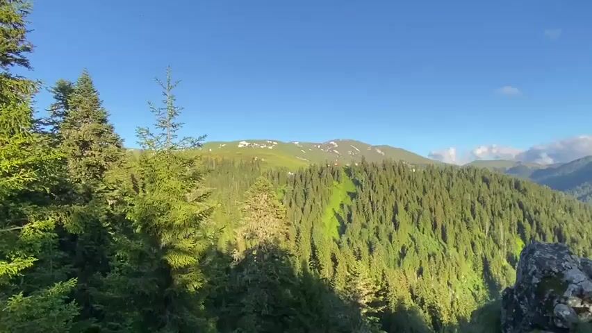 This video captures a serene mountainous landscape in Gomismta, Georgia. The scene is dominated by lush green evergreen trees that form dense forests on the slopes of rolling hills. In the distance, a majestic mountain range rises, its peaks partially covered in snow, indicating a cooler climate. Scattered across the higher meadows, small, rustic houses with red roofs are visible, suggesting a remote village or settlement.

The time of day appears to be late afternoon or early evening, as evidenced by the warm, soft sunlight illuminating the landscape and casting long shadows. The sky is a clear, vibrant blue with a few wispy clouds, suggesting fair weather. The overall atmosphere is one of tranquility and natural beauty. There are no people or specific objects in focus, the emphasis is on the grandeur of the natural environment and the scattered human presence within it. The video provides a picturesque view of a mountainous region, highlighting its untouched scenery and peaceful ambiance. There is no visible text in the media.