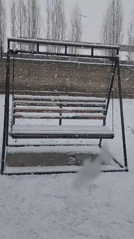The video shows a snow-covered swing set in a snowy landscape. The swing set is made of metal and wood, with a bench seat suspended by chains. Snow is falling steadily, covering the ground and the swing set. A low brick wall and several tall, bare trees are visible in the background. The scene is still and quiet, with the only movement being the falling snow.