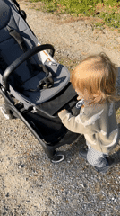 Toddler pushes stroller on gravel path in Erba