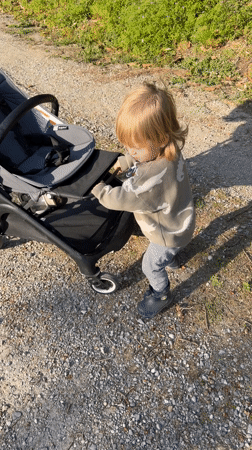 Toddler pushes stroller on gravel path in Erba