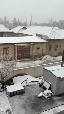 The video shows a view of a snow-covered neighborhood. The roofs of the buildings are covered in snow, and it is actively snowing. There are bare trees visible in the background. The camera pans slowly across the scene. The buildings appear to be residential and are mostly single-story structures.