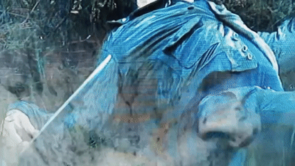 Injured actor with sword filmed in wooded accident scene
