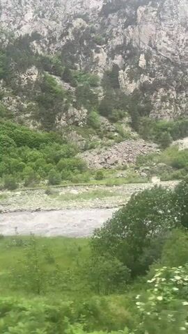 The video shows a rocky mountain with green vegetation and a river flowing at its base. The camera appears to be moving, possibly from a vehicle, as indicated by the slight blur in the foreground foliage. The river is wide and appears to be fast-flowing, with white water visible. The mountain face is steep and rugged, with patches of trees and shrubs growing on its slopes. The overall scene is one of natural beauty and a rugged, mountainous landscape.