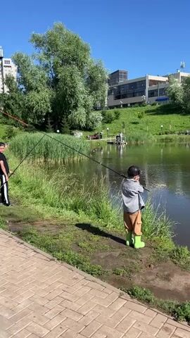 This is a vertical video clip of a sunny day at a lake. The foreground shows a paved walkway, a patch of grass with a few small plants, and a child fishing. The child, wearing a grey jacket, orange pants, and bright green boots, stands with a fishing rod pointed towards the water. To the left, an adult also fishes, with a black baseball cap and black and white striped pants.

The lake is in the middle ground, with reeds growing along the edge. Several people are visible further back on a wooden pier and on a grassy hill. Behind the lake, there are buildings, including a modern multi-story building and a building with a green, pointed roof, set against a bright blue sky. The grass on the hill is lush and green, and several trees are dotted around the landscape.

The overall impression is a peaceful, recreational scene. The bright sunlight and clear sky suggest pleasant weather. The presence of people fishing and relaxing by the lake indicates a leisure activity. The time of day appears to be daytime, likely late morning or afternoon given the strong shadows. No visible text is present in the clip.