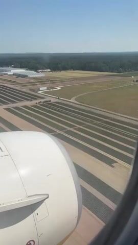 The video shows an aerial view from an airplane window, looking out over a rural landscape. In the foreground, the white engine nacelle of the aircraft is visible, with yellow and white markings and warning symbols. The scene outside the window depicts agricultural fields, appearing as rows of dark green crops, possibly a plantation or farm. Beyond these fields, a wooded area forms a green horizon, with a clear blue sky above. Some buildings, possibly greenhouses or farm structures, are visible in the distance to the left. The overall impression is of a sunny day, likely in the late morning or early afternoon, given the bright sunlight and clear sky. The plane appears to be either taking off or landing, as the ground is relatively close and the perspective suggests movement over the terrain. There is no visible text in the video that can be clearly deciphered. The setting appears to be agricultural land in or around Fürth, Germany.