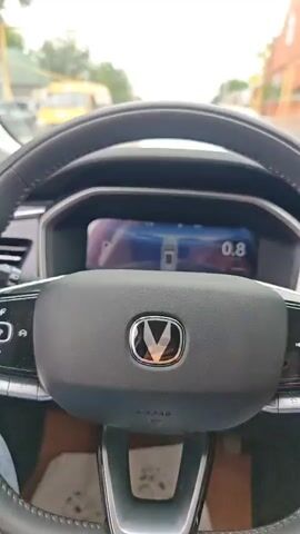 The video shows the interior of a car, specifically the steering wheel and dashboard, with a view of the road ahead through the windshield. The car appears to be in motion, possibly in traffic, as other vehicles are visible on the road. The dashboard display shows a "P" indicating the car is in park. The road is paved and lined with trees and buildings. The weather appears to be overcast.
