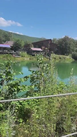 A tranquil lake with bright green water is surrounded by lush foliage and trees. In the background, several rustic wooden structures with red roofs are nestled among the trees. The sky is a clear blue with a few wispy clouds. A metal cable runs across the lower part of the frame, adding a touch of man-made structure to the otherwise natural landscape. The scene is bathed in bright daylight, suggesting a warm, sunny day.