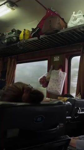 The video shows the interior of a train carriage during daytime. The focus is on a passenger asleep on luggage, with their head resting on a dark grey suitcase marked with the number 46. The luggage is in the foreground, and the passenger's brown hair is visible. Behind the passenger, a large window looks out onto greenery and a cloudy sky. The window is partially covered by a brown curtain. Various bags and luggage are stored on a shelf above the window, including a red backpack, a tan duffel bag, a yellow bag, and white plastic bags. A white shopping bag with pink writing hangs from a hook on the wall next to the window, along with a bunch of red onions. Other passengers' luggage and seats are partially visible. The lighting suggests the carriage is well-lit by overhead fluorescent lights. The overall impression is one of travel and rest.