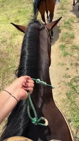 The video shows a first-person perspective of someone riding a horse down a dirt path. There are other people on horses in front. The path is lined with greenery and trees. The sky is partly cloudy. The horse being ridden is brown with a black mane. The rider's hand is visible holding the reins. The other riders are wearing casual clothes and riding in a line. Dust is kicked up by the horses' hooves.
