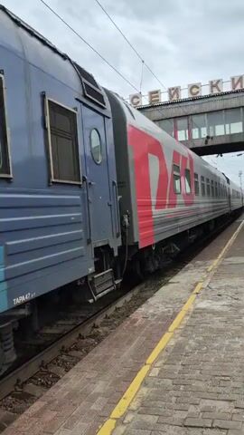 The video shows a train stopped at a station. The train is gray with large red accents and lettering, the Russian Railways logo. The train appears to be a passenger train with multiple carriages and windows. The platform is made of brick with a yellow line marking the edge. In the background, there's a pedestrian bridge or overpass with a sign that reads "СЕИСКИ". The weather appears cloudy. The train is the main subject and focus of the video, with the station and overpass providing the setting. There are no people visible in the video. The time of day is unclear due to the overcast sky. The overall impression is a typical train station scene.
