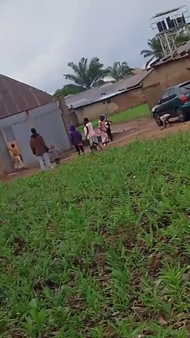 The video shows a group of people, including children and adults, gathered in a rural or semi-rural area. The ground is covered with green foliage, possibly crops or grass. In the background, there are several buildings, some with corrugated metal roofs, and a green car is parked to the right. A water tower is visible on top of one of the buildings. The sky is overcast. Several individuals appear to be interacting, with some walking and others standing. One person in a purple hoodie is speaking to another person in a pink shirt. A dog is seen near the car.