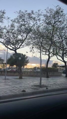 The video shows a view from inside a moving car, looking out at a city street during a sunset. The foreground includes trees with bare branches and a paved area with street lamps. As the car moves forward, the view shifts to show traffic at an intersection and a structure with columns and a flat roof. The background features the sky with clouds illuminated by the setting sun. The overall tone is calm and peaceful.