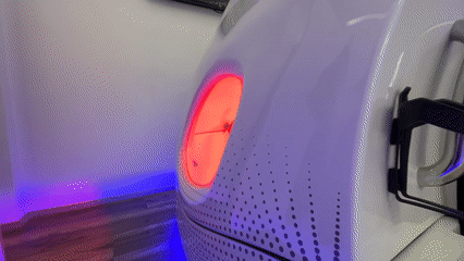 Futuristic white pod with red light documented in Mexico City