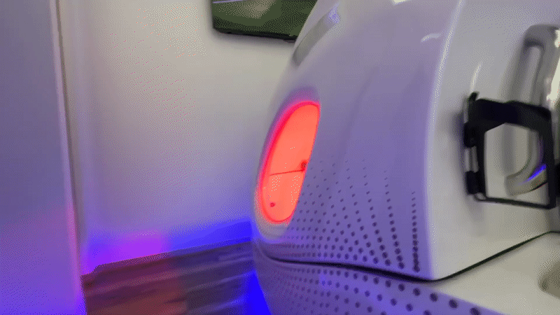 Futuristic white pod with red light documented in Mexico City