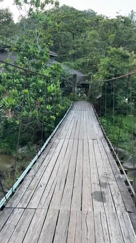The video pans across a wooden suspension bridge over a rocky river. The bridge is lined with thick green foliage and trees. On the far side of the river, a rustic building with a dark, tiled roof is partially visible, surrounded by lush vegetation. The river itself is wide and shallow, with a fast-moving current flowing over smooth, rounded stones. The water appears somewhat murky, with white foam swirling around the rocks.

The scene is set in a natural, tropical environment, likely in Ranong, Thailand. The light suggests it is either early morning or late afternoon, with the sun casting a warm glow through the trees in the distance. The overall atmosphere is serene and peaceful, evoking a sense of tranquility and connection with nature. No people are visible in the footage, emphasizing the solitude of the location. The bridge, with its weathered wooden planks and sturdy metal cables, appears to be a functional structure, perhaps leading to a resort, temple, or other point of interest within the natural landscape. The surrounding trees are tall and verdant, creating a dense canopy that filters the sunlight. The presence of large rocks in the riverbed adds to the rugged beauty of the scene.
