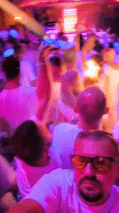 White-dress nightclub event in Moscow, actor nameplates on display
