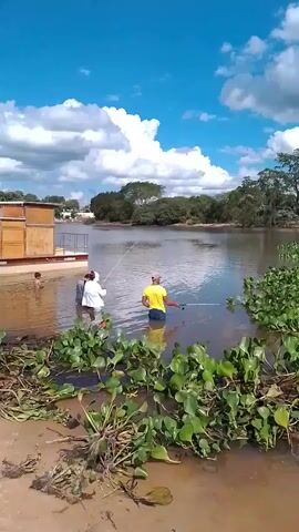 A man in a yellow shirt and blue shorts stands in shallow water, fishing with a rod and reel. Another person in a white shirt and dark pants stands next to him, facing away from the camera. To the left, a child in the water partially faces the camera. In the background, there is a floating structure with yellow panels. The water is calm, with green aquatic plants along the bank in the foreground and scattered in the water. The sky is blue with white clouds, and trees line the opposite bank of the river.