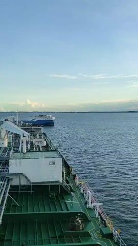 This is a vertical video taken from the deck of a large green cargo ship. The ship is sailing on a calm blue sea under a clear sky with a few wispy clouds. In the distance, another blue and white ship is visible. The camera is angled to show the foredeck of the cargo ship, with its green deck and various pipes and structures. The scene is serene and peaceful, with the vast expanse of the ocean stretching out to the horizon.