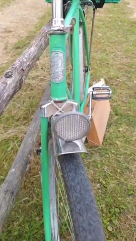 The video pans from a close-up of a green vintage bicycle leaning against a wooden fence to a wider view of a rustic outdoor setting. The bicycle has a basket attached to the handlebars containing a green crate and a wooden tray secured with straps. A wooden box is attached to the rear of the bicycle. In the background, there are several old wooden buildings with thatched or wooden roofs, typical of a historical village or museum. Tall grass and trees are visible, along with a dirt path leading between the buildings. A traditional well with a long wooden arm stands near one of the buildings. The sky is overcast. The scene suggests a historical or rural environment.