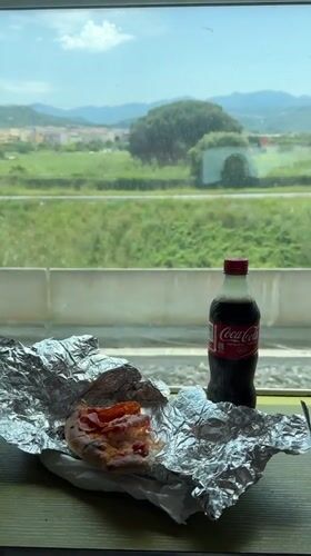 Train passenger enjoys mini pizza during scenic Italian journey